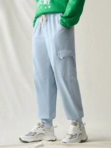 Manfinity Hypemode 男式灰色牛仔休闲宽松工装裤，配有松紧裤脚 - 灰色 - 查看 4