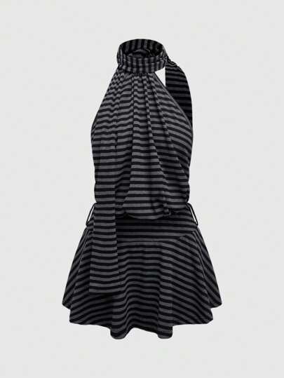 Grunge Punk Set de 2 piezas de vestido mini y bufanda envolvente con espalda descubierta, vintage y sexy, con bloques de color y rayas