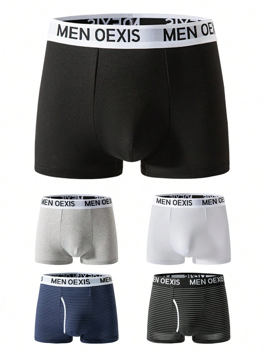 paquete de 5 bóxer de hombre de unicolor con estampado de letras simples, diseño casual de empalme