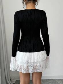 Chiquease Black Round Neck Long Sleeve Contrast Lace Color Block Bodycon Mini Dress Fall Cloth For Women - Black - View 2