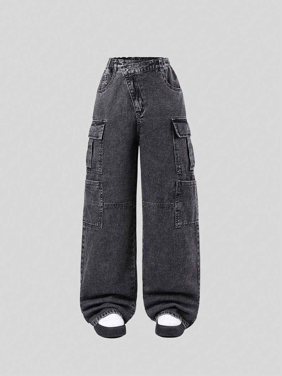 SHEIN Teen Girls Vintage Street Style Loose Relaxed Multi-Pocket Casual Black Baggy Denim Cargo Wide Leg Pants - Black - View 1