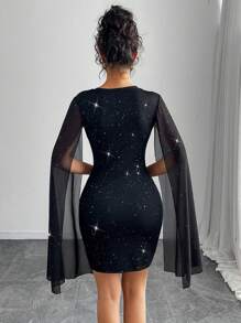 Chiquease Women Rhinestone Glitter Party Banquet Pearl Decor Round Neck Chiffon Slit Maxi Bodycon Dress With Puff Sleeves