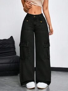 SHEIN ICON Damen Cargo Taschen Weites Bein Lässige Relaxed Jeans