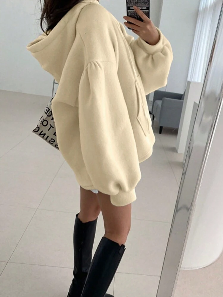 Women's Loose Fit Hooded Sweatshirt With Large Pockets, Solid Color,Fall Clothes