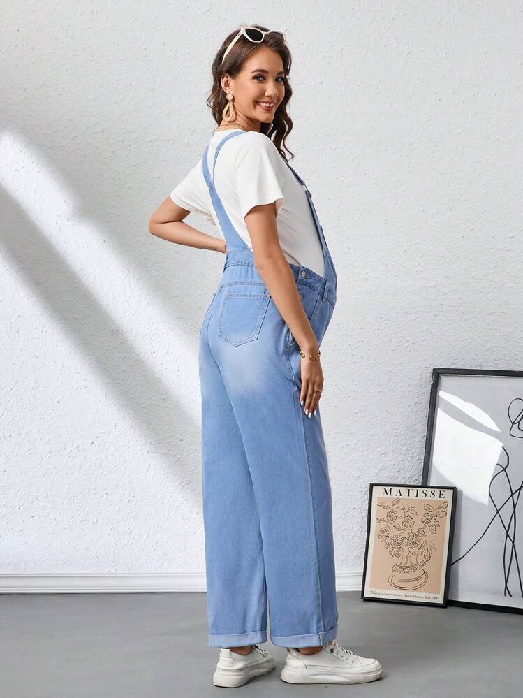 SHEIN Maternity Casual Washed Simple Denim Bib Pants - Light Wash - View 2