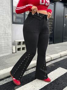 SHEIN ICON Quần Jeans Ống Loe Thời Trang Tối Giản Có Túi Vá Trang Trí Cho Nữ Cỡ Lớn - màu đen - Xem 4