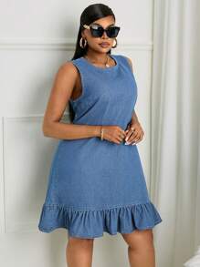 SHEIN SXY Váy denim rách thường ngày cỡ lớn có viền xếp nếp, không tay - Rửa nhẹ - Xem 4