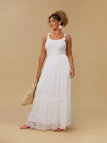 SHEIN VCAY 大码杏色蕾丝分层裙，波西米亚风西部游牧优雅浪漫裙 - 杏色 - 查看 6