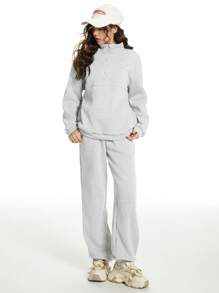 SHEIN 2 件套：休闲纯色宽松少女长袖 Polo 衫上衣 + 宽松卷边裤 - 淺灰色 - 查看 3