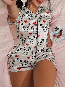 SweetSlumber Cute Panda Ins Style Heart Pattern Satin Collar Ladies Pajama Set