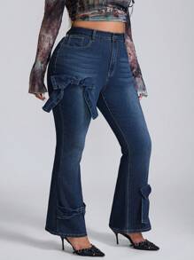 SHEIN ICON Quần jeans ống loe co giãn màu xanh đậm thời trang giặt & giặt đá có nơ trang trí cho nữ - Rửa tối - Xem 1