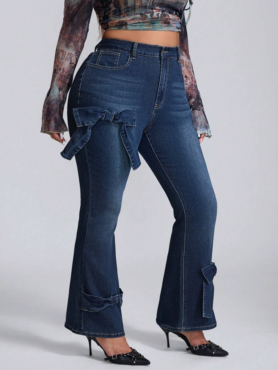 SHEIN ICON Quần jeans ống loe co giãn màu xanh đậm thời trang giặt & giặt đá có nơ trang trí cho nữ - Rửa tối - Xem 1