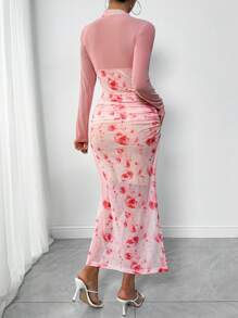 Chiquease 女士优雅花卉印花旗袍长裙，带网眼嵌件，褶皱，高开衩，合身 - 粉色 - 查看 2