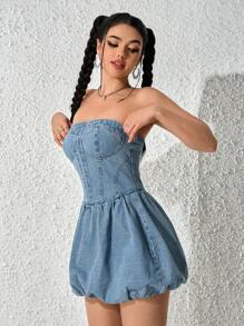 SHEIN EZwear 甜心领口 A 字型度假女士牛仔迷你连衣裙 - 藍色 - 查看 6