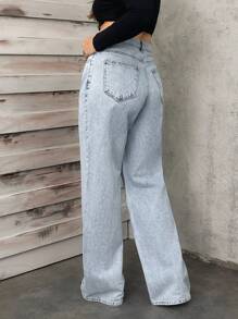 RueChic Snow Wash Straight Leg Jeans High Rise For Plus - Light Wash - View 2