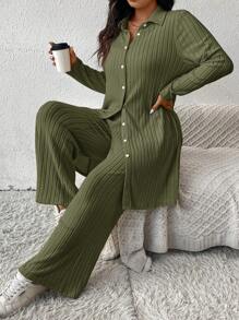 SHEIN Frenchy 2 stuks gebreide plus size dames lente/herfst effen kleur lange mouwen enkelrijs lange top en broek casual set, oud geld, luchthavenoutfit, herfstoutfits