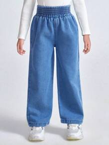 SHEIN Y2K Style Girls Wide Leg Loose Fit Washed Blue Jeans With Drawstring Waist, Casual & For Everyday Wear - Medium Wash - View 4