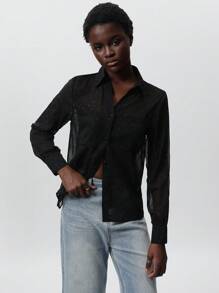 SHEIN Privé V 领金点印花双口袋透明雪纺女式长袖开衫衬衫，适合春夏季节、情人节 - 黑色 - 查看 3