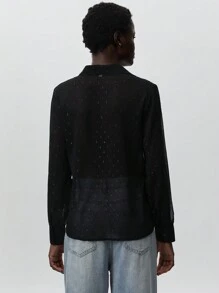 SHEIN Privé V 领金点印花双口袋透明雪纺女式长袖开衫衬衫，适合春夏季节、情人节 - 黑色 - 查看 4