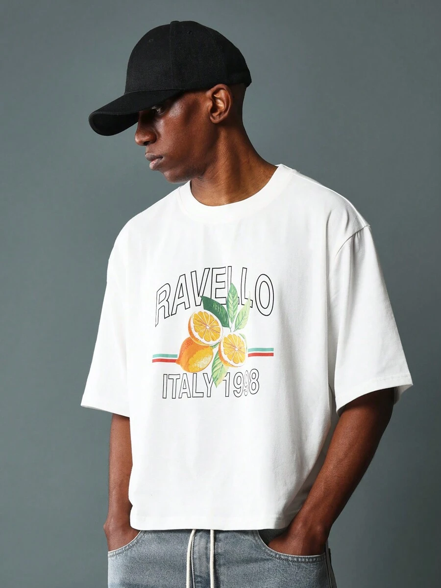 SUMWON Crop Fit Short Sleeve Tee With Graphic Print - White - View 1