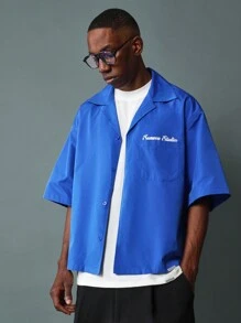 SUMWON Boxy Fit Revere Nylon Short Sleeve Shirt With Graphic Print - Blue - View 2