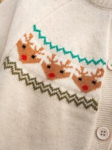 Cozy Pixies Christmas Reindeer Pattern Casual Versatile Round Neck Long Sleeve Knit Cardigan, Apricot Autumn Winter Clothes ForGirln - Apricot - View 4