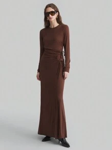 Ontre Knit Fabric Women's Dress, 2025 New Spring Fashion Long Wrap Dress, Round Neck Long Sleeve Brown Fitted Dress, Autumn/Winter Knit Long Sleeve Dress - Coffee Brown - View 4