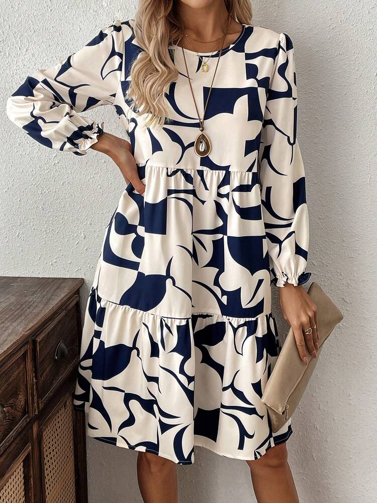 Plus Size Women Geometric Print Long Dress, Winter Clothes
