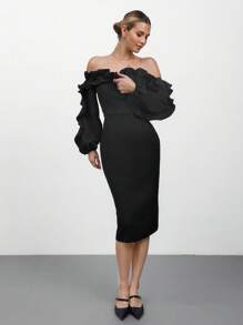 CLARA VERO Women Mid-Length Ruched Ruffle Romantic Elegant Ruffle Trim Waist Dress - Black - View 6