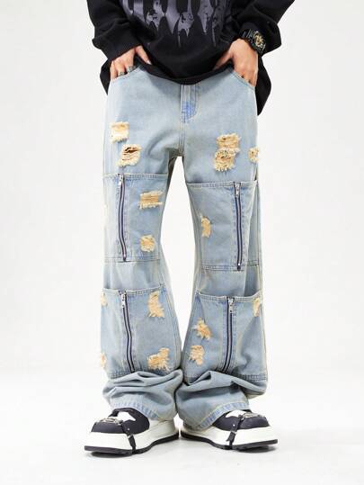 Street Life بنطال جينز للرجال كاجوال عصري مزدحم زمام محفور بجيوب مصمم بأسلوب ممزق