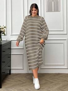 EURMUSE Striped Pattern Raglan Sleeve Sweater Dress Without Belt - Beige - View 3