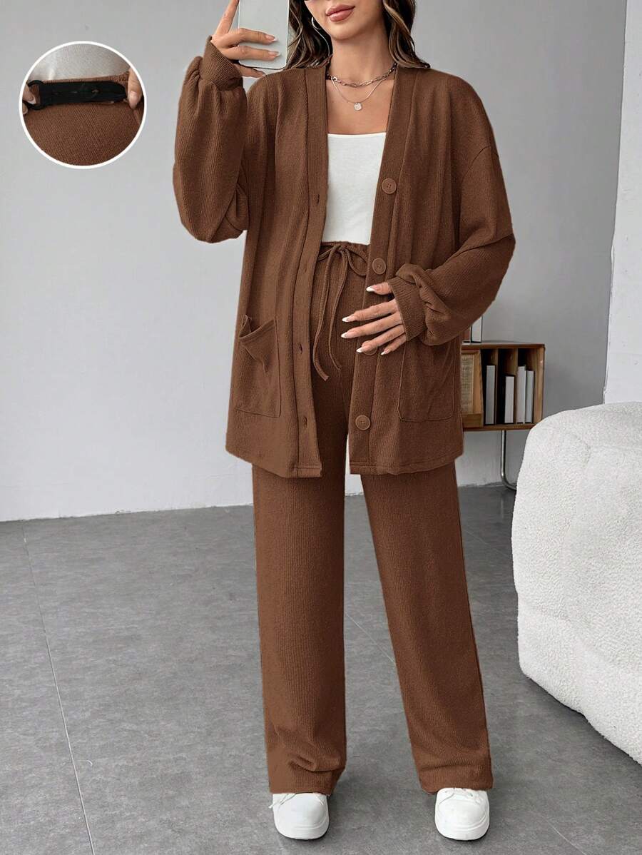 SHEIN Maternity Solid Drop Shoulder Coat & Drawstring Waist Pants Two Pieces Sets, Autumn/Winter - Coffee Brown - View 1