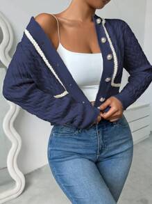 Chiquease Twist Cable Knit Trim Cropped Cardigan - Navy Blue - View 4