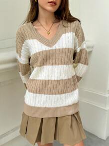 Jouncy Women Casual Color Block Cable Knit Drop Shoulder Loose Pullover Sweater For Autumn/Winter Knit Pullover Fall - Multicolor - View 8