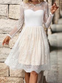 SHEIN Clasi Elegant Women's Lace Panel Round Neck Long Sleeve Mini Dress