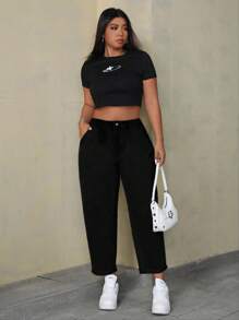 SHEIN ICON 大码纯色前扣纯色牛仔裤，日常休闲装 - 黑色 - 查看 5