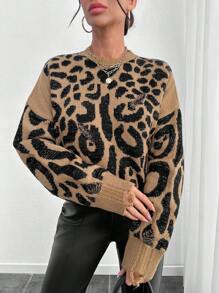 EURMUSE Women Round Neck Leopard Animal Print Drop Shoulder Loose Fit Sweater Pullover - Multicolor - View 1