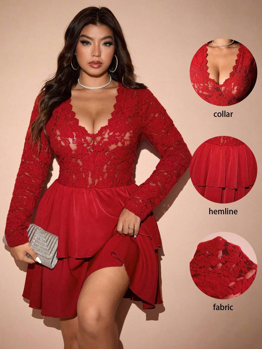 Allurite Plus Size 1pc Solid Color Lace Patchwork Double Layer Ruffle Hem Waist Fitted Dress Burgundy Color Women Outfit Fall Cloth For Women - Burgundy - View 1