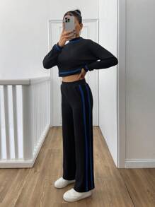 RueChic 2pcs Casual Colorblock Trim Cropped Top & Pants Set, Autumn