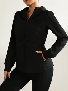 Women's Sporty Casual Warm Padded Coat, Black Zip-Up - Black - View 5