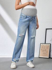 SHEIN Maternity Wideband Waist Ripped Frayed Straight Leg Jeans - Light Wash - View 6