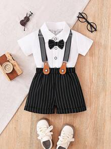 SHEIN 2 件套男婴绅士服装套装 - 衬衫和条纹短裤，带吊带和蝴蝶结，适合情人节、新年、生日派对、婚礼、典礼的时尚西装 - 彩色 - 查看 7