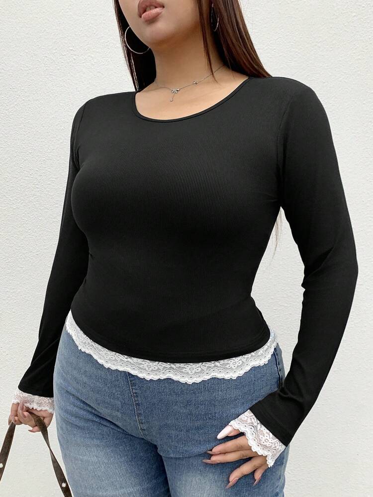 Dazy Petite Plus Round Neck Solid Color Contrast Lace Slim Fit Long Sleeve T-Shirt, Black, Spring/Summer/Autumn,Fall Women Clothes