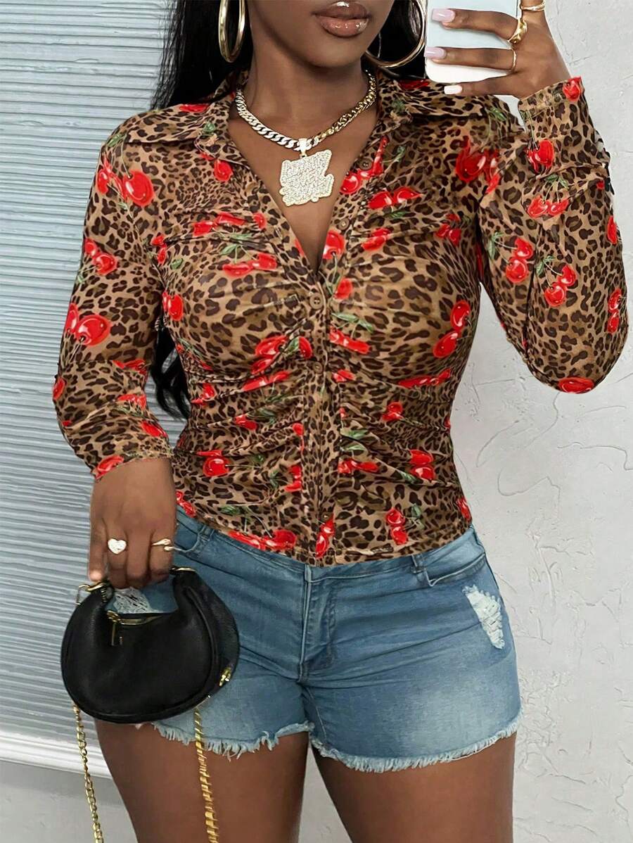 Slaydiva 性感休闲豹纹樱桃印花半透明网眼长袖女式 T 恤 - 彩色 - 查看 1