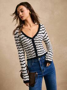 Poéselle Cárdigan de punto de manga corta de corte ceñido con contraste de colores, rayas onduladas y calado, de estilo casual para primavera/verano - Moda primaveral, blusas de mujer para verano