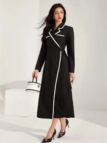 Heiryn Women Contrast Piping Lapel Collar Wrap Tie Long Dress, Spring/Autumn