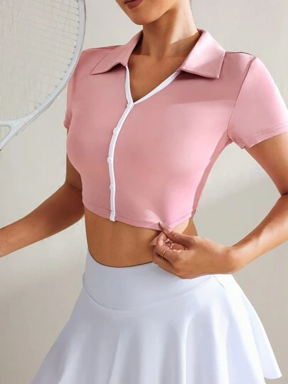 Easithlete Contrast Color Polo Collar Front Faux Button Sports Polo Shirt