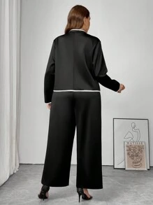 SHEIN Frenchy Plus Size Contrast Trim Button Front Top And Pants 2 Pieces Set, Tita Outfit, Casual - Black - View 5