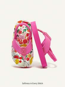 Cozy Pixies Summer Vacation Open Toe Slip-On Sandals With Elastic Band, Fruit & Cartoon Pattern Flip Flops - Hot Pink - View 2