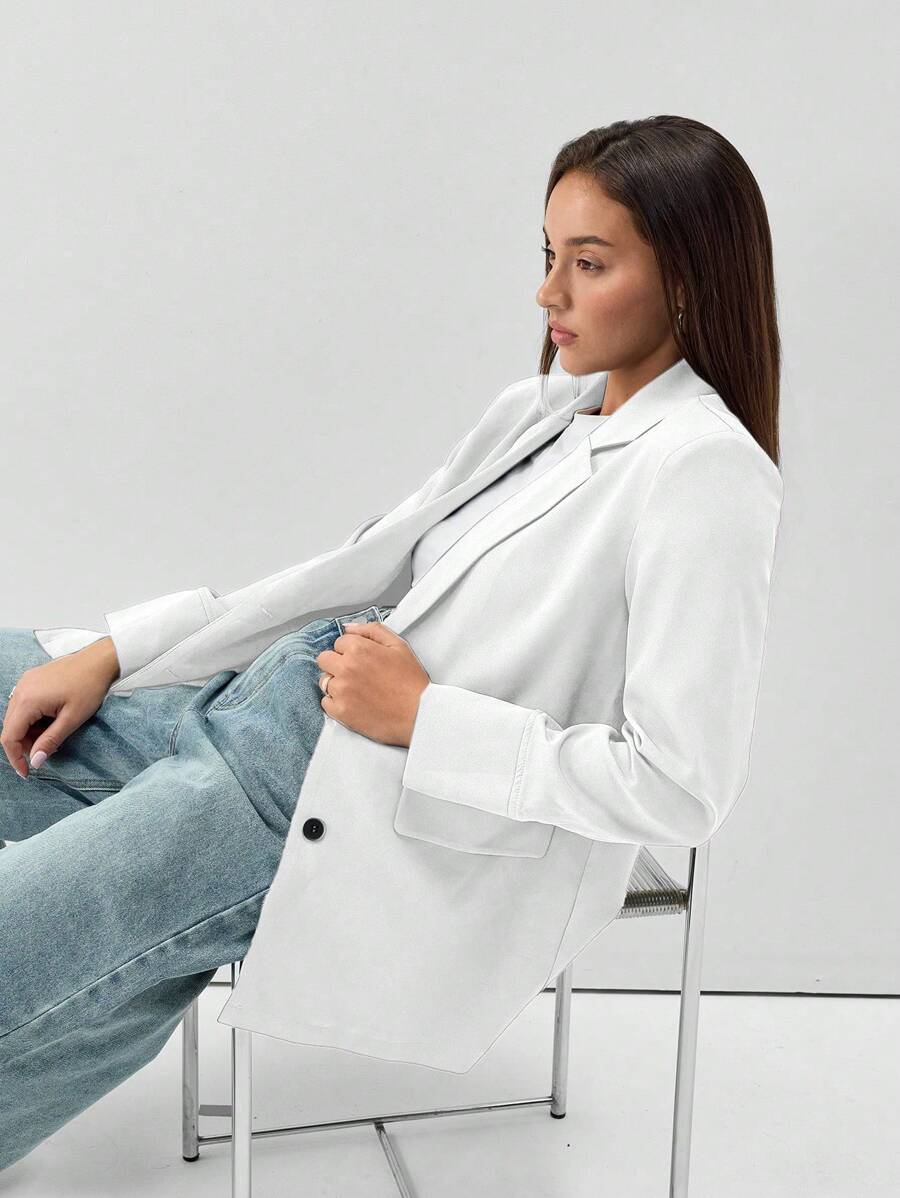 TRNVIE 女士纯色前扣长袖口袋缺口领休闲西装外套